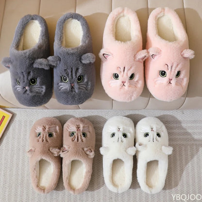 New Autumn Winter Cotton Slippers Men and Women Couple Cartoon Kitten Indoor Plush Flat Bottom Home Warmth Women&