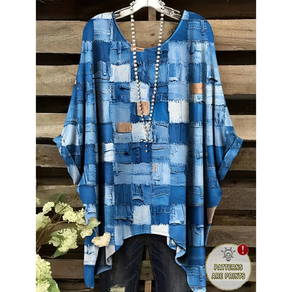 T-Shirts Women Fashion Fake Denim Print Elegant Splicing Graphic O-Neck Medium Stretch Four Seasons Short Sleeve Woman Clothes