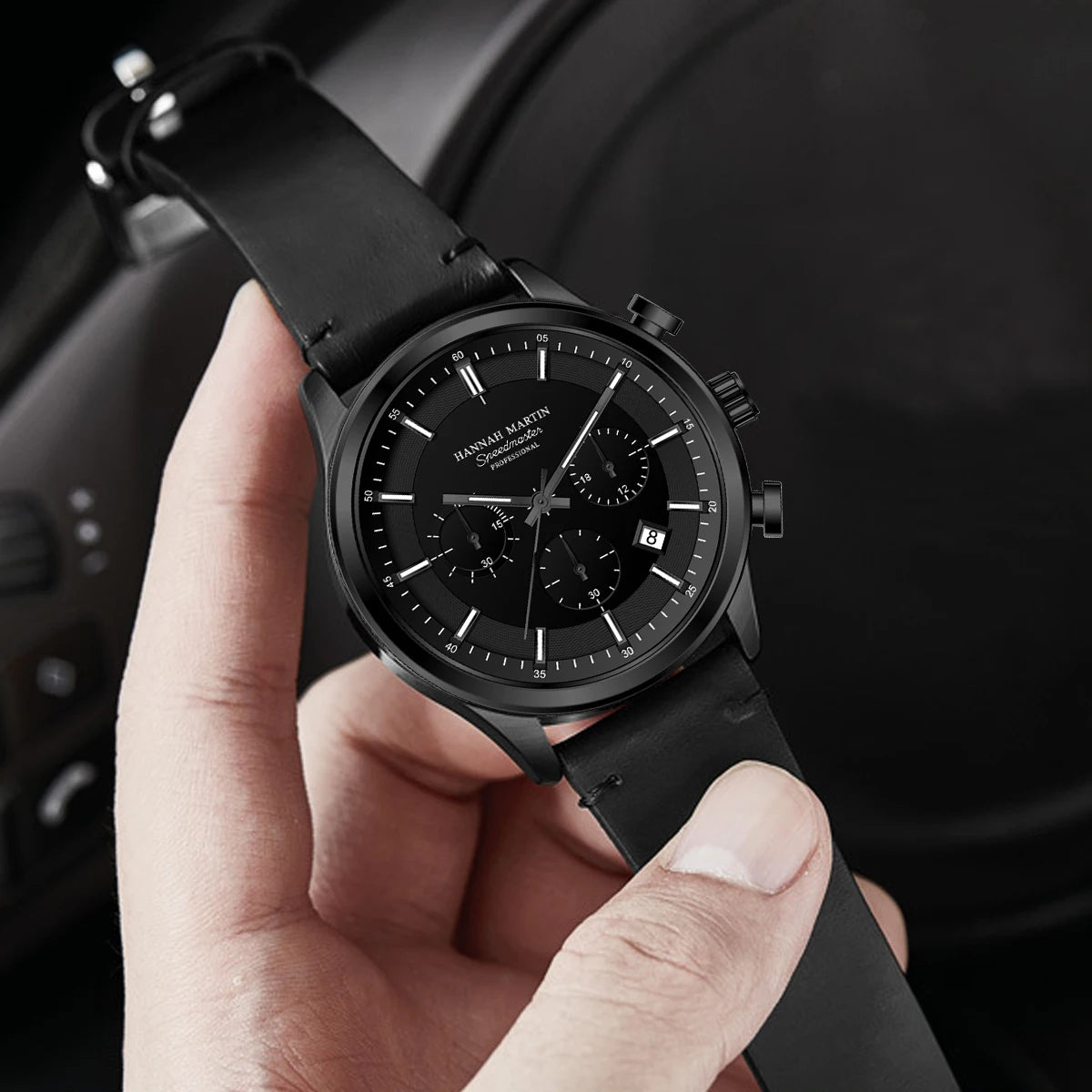 Hannah Martin Men Gift Box Men Watch Black Leather 41mm Business Multifunctional Timing Clock Quartz Movement Sports Men Watches