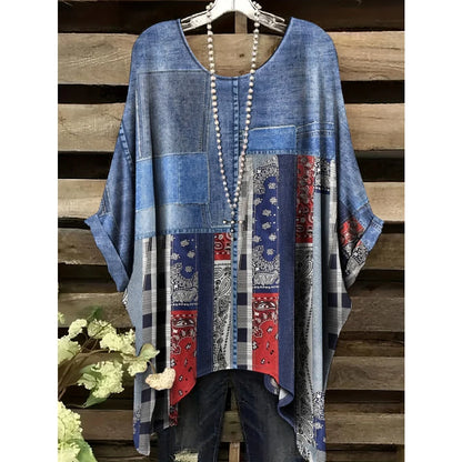 T-Shirts Women Fashion Fake Denim Print Elegant Splicing Graphic O-Neck Medium Stretch Four Seasons Short Sleeve Woman Clothes