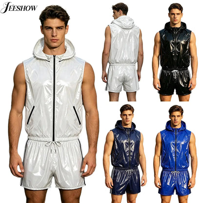 Mens Waterproof Sportwear Tracksuit Front Zipper Sleeveless Hooded Vest with Shorts Built-in Briefs for Gyms Fitness Workout