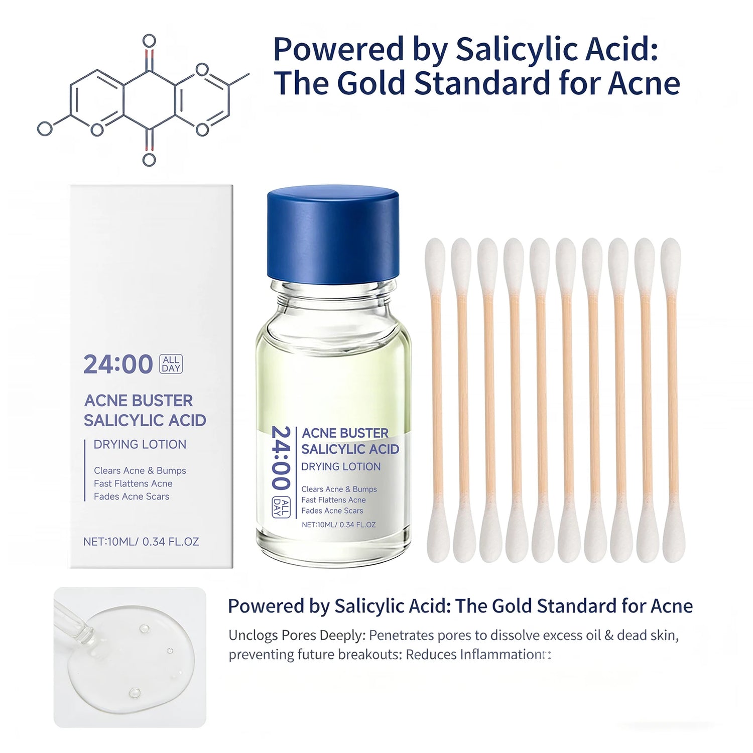 Salicylic Acid Drying Lotion Face Serum with Cotton Swab– Reduce Pimples &amp; Breakouts Fade Acne Scars Minimize Pores Skin Renewal