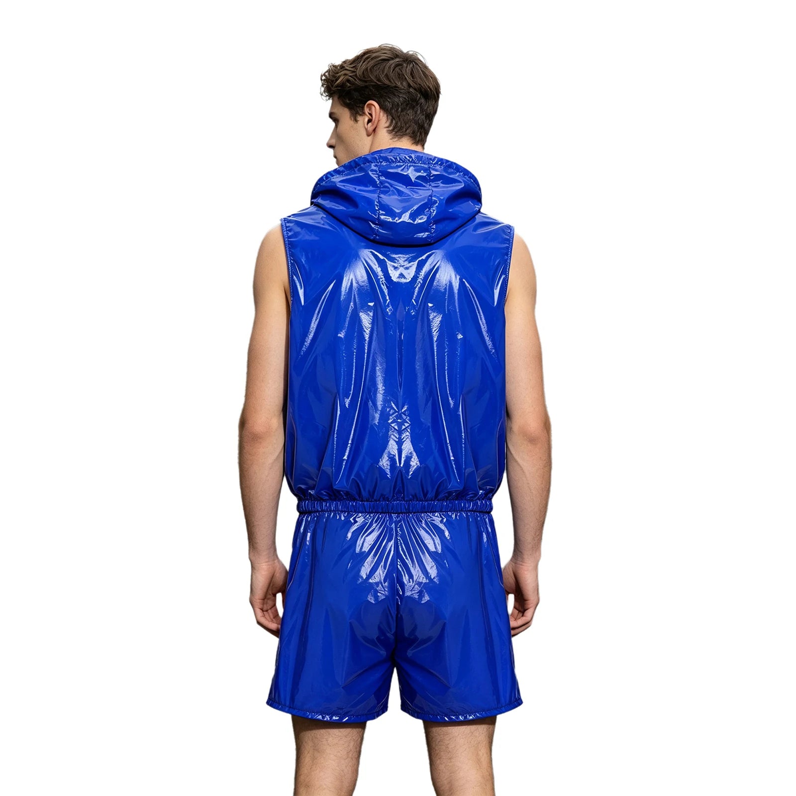 Mens Waterproof Sportwear Tracksuit Front Zipper Sleeveless Hooded Vest with Shorts Built-in Briefs for Gyms Fitness Workout