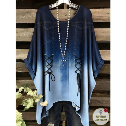 T-Shirts Women Fashion Fake Denim Print Elegant Splicing Graphic O-Neck Medium Stretch Four Seasons Short Sleeve Woman Clothes