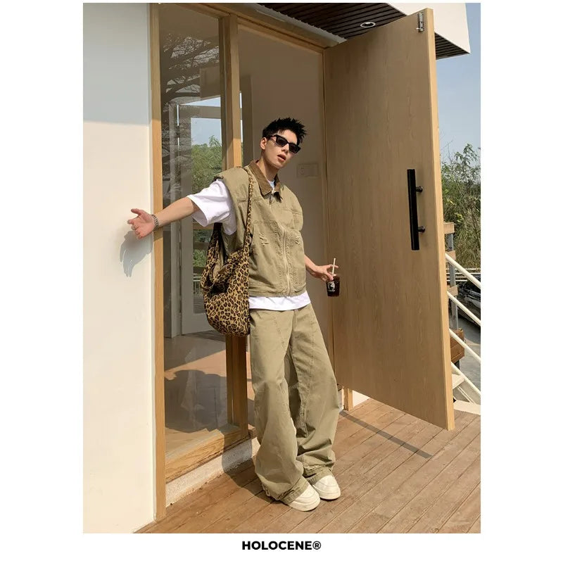 American Fashion Brand Retro Denim Jacket Men Summer New Silhouette Design Shoulder Vest Loose Pants Set Fashionable and Casual