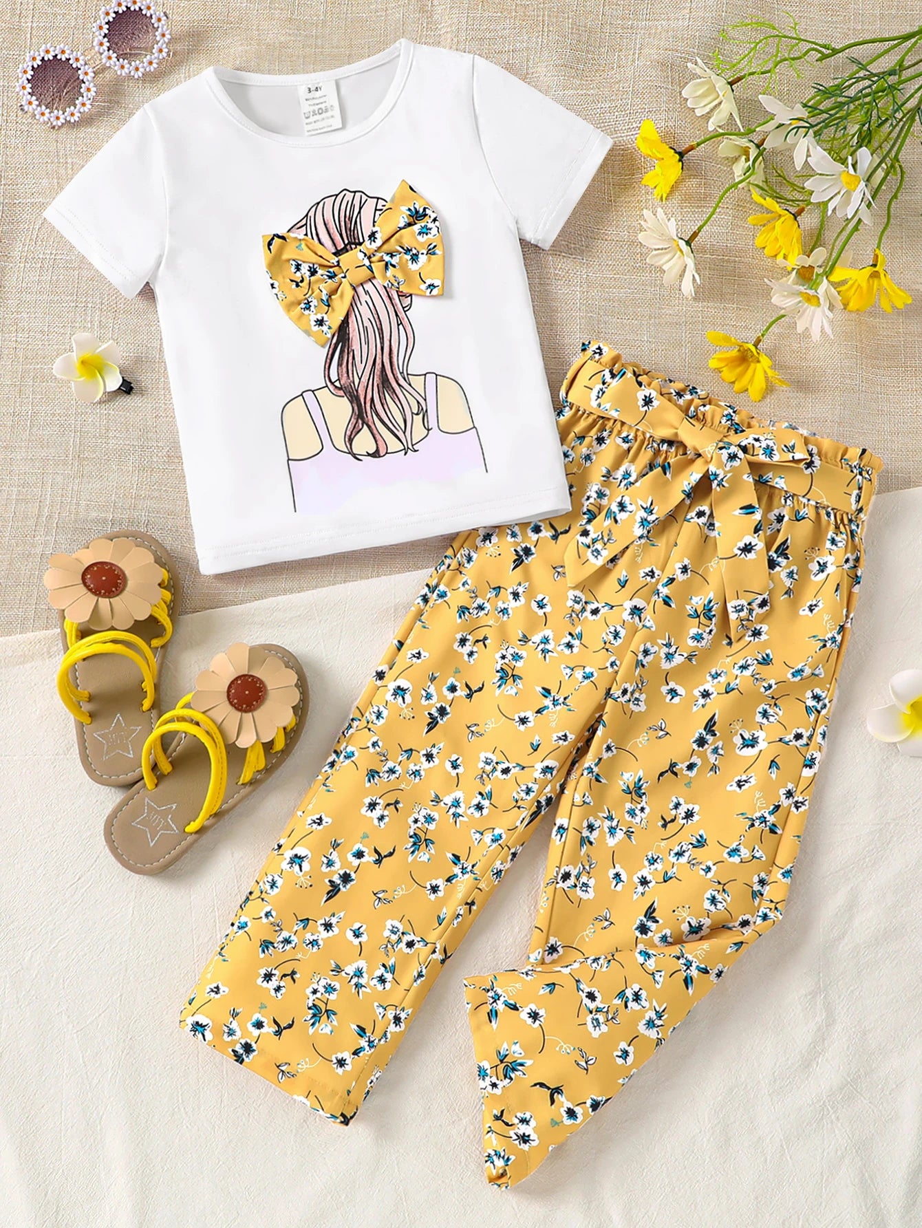 Girls Summer 2-Piece Set Cartoon Print T-Shirt & Floral Straight Leg Pants Breathable Kids Clothing Casual Outfit Fashion