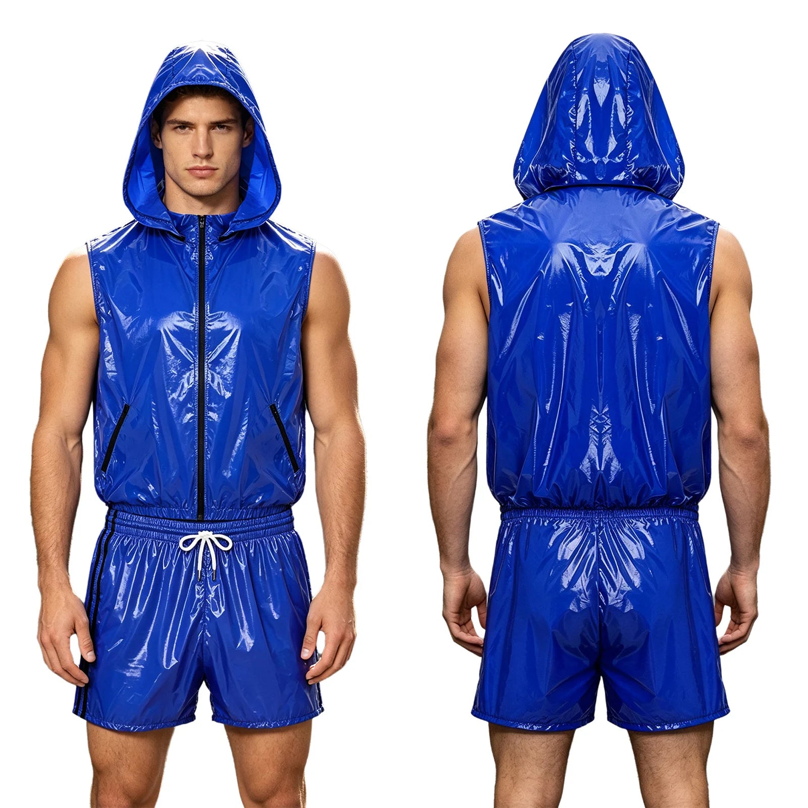 Mens Waterproof Sportwear Tracksuit Front Zipper Sleeveless Hooded Vest with Shorts Built-in Briefs for Gyms Fitness Workout