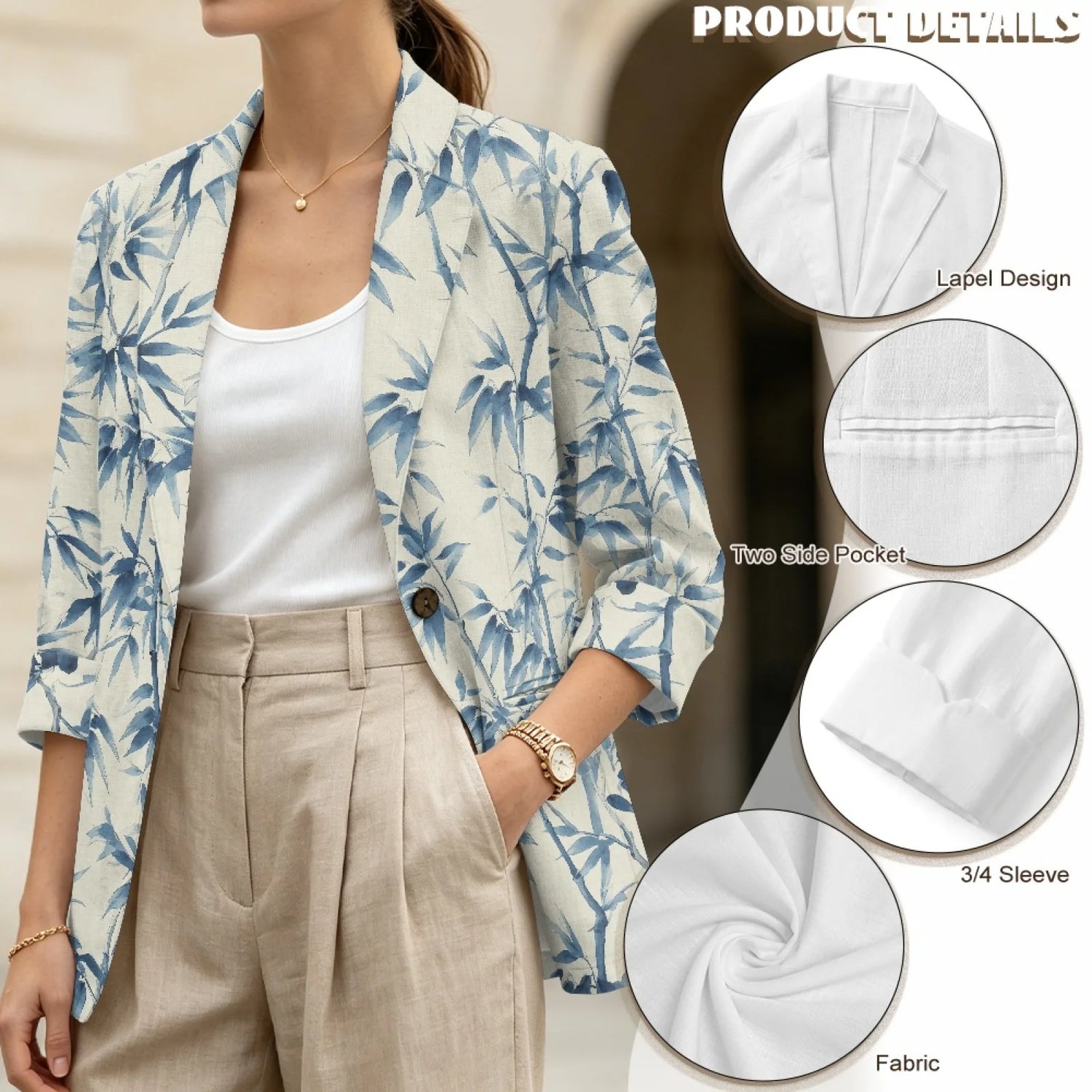 PENSTROLL Blue Leaf Print Loose Fit Open Front Top for Daily Wear Linen Style Jackets Sizes S-3XL