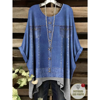 T-Shirts Women Fashion Fake Denim Print Elegant Splicing Graphic O-Neck Medium Stretch Four Seasons Short Sleeve Woman Clothes