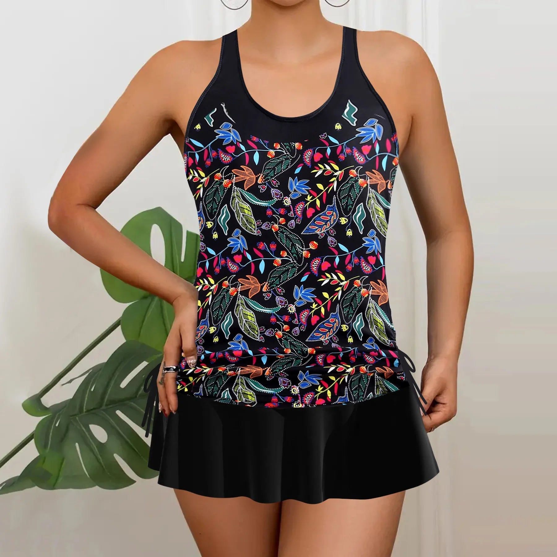 Tankini Woman Bikini Sleeveless Tank Top Skirted Bottom Bikinis Floral Print Swimsuit Pleated Skirt Two Piece Swimsuit Swimwear