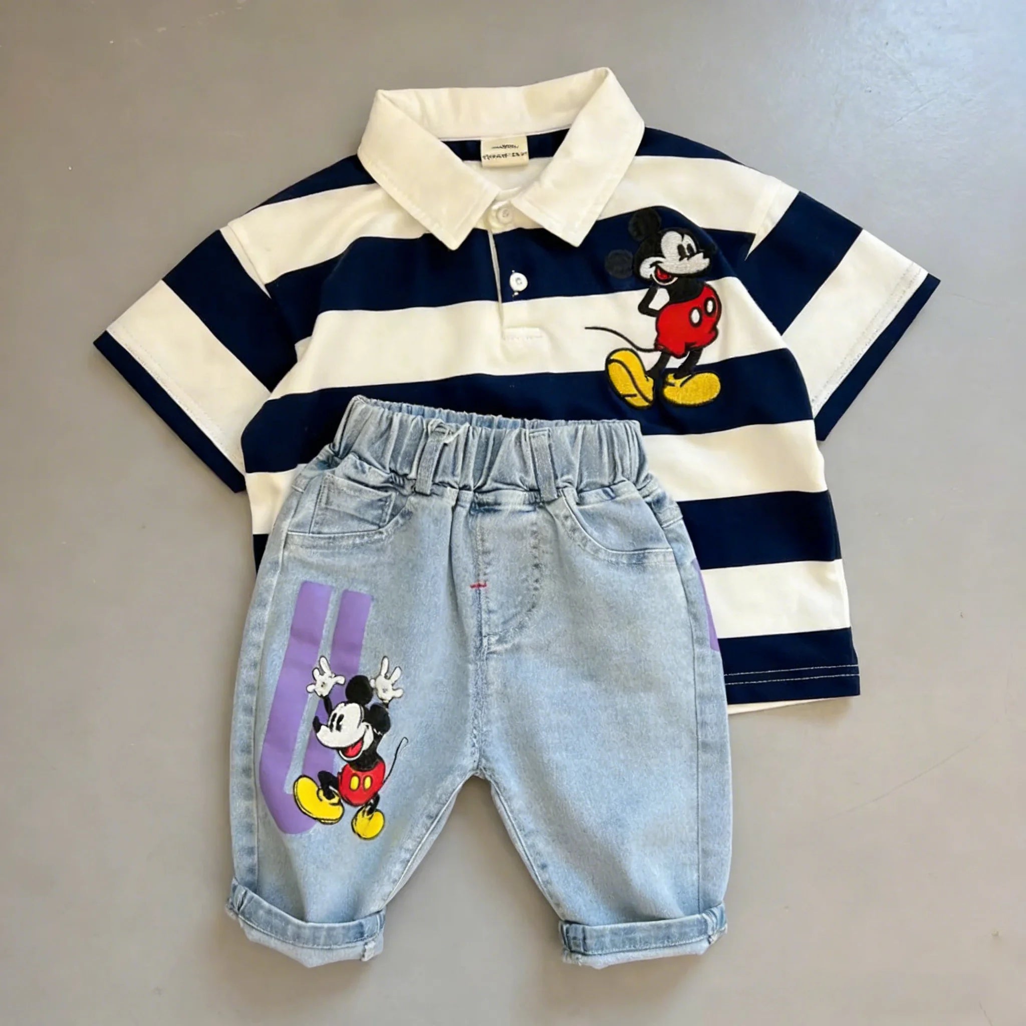 Mickey Mouse Short Sleeve Clothes Set For Kid 2026 Spring Summer Baby Boy Girl Polo Shirt+Jeans 2PCE Children Clothing Tracksuit