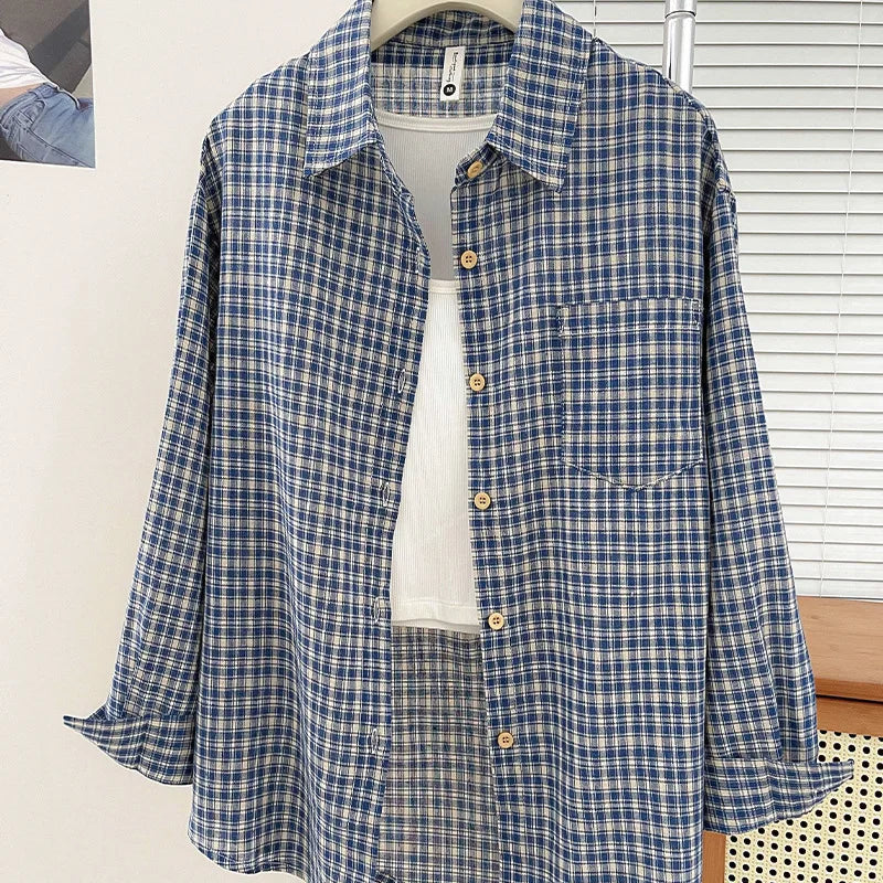 Korean-style Vintage Plaid Shirt New Spring And Autumn Casual Versatile Top Loose And Slimming Versatile College-style Shirt
