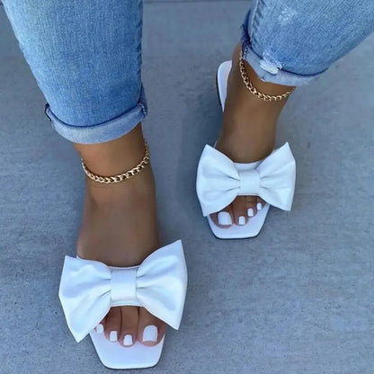 2026 Women‘s Home Slippers Summer Outdoor Flat Leather Bow Non-slip Beach Lady Casual  Fashion Women Sandals Pantufa Shoes