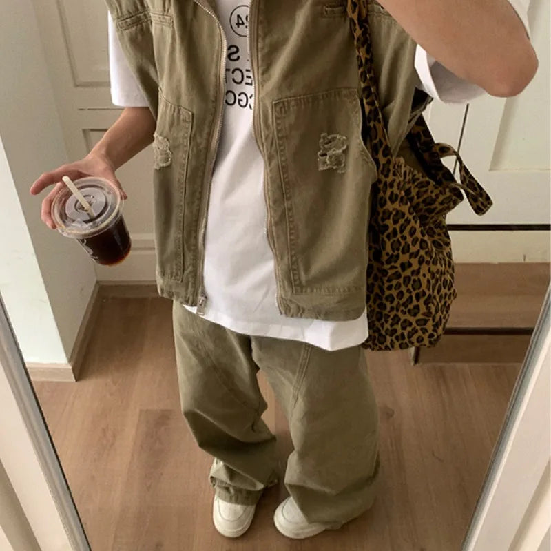 American Fashion Brand Retro Denim Jacket Men Summer New Silhouette Design Shoulder Vest Loose Pants Set Fashionable and Casual