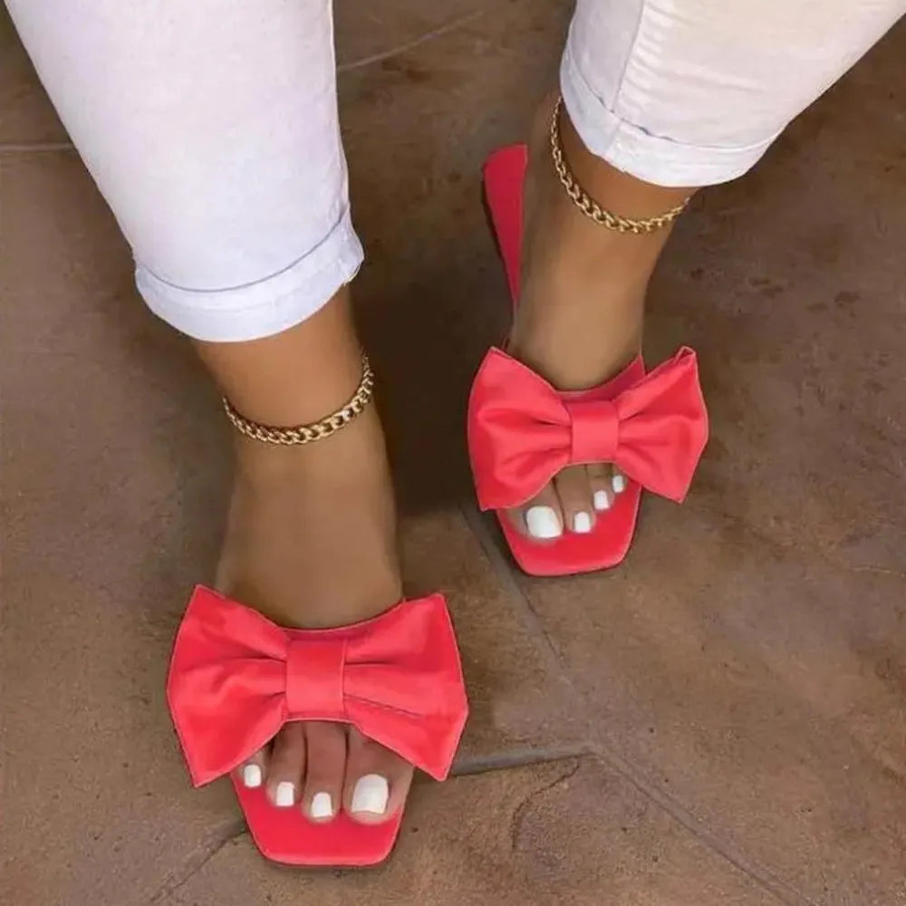 2026 Women‘s Home Slippers Summer Outdoor Flat Leather Bow Non-slip Beach Lady Casual  Fashion Women Sandals Pantufa Shoes