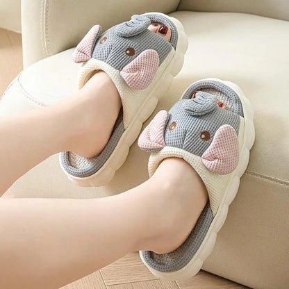 Elephant Hemp Slippers Women Home Cartoon Designer Shoes Girls Flats Spring Summer Casual Slides Indoor Soft Sole Non-Slip Floor