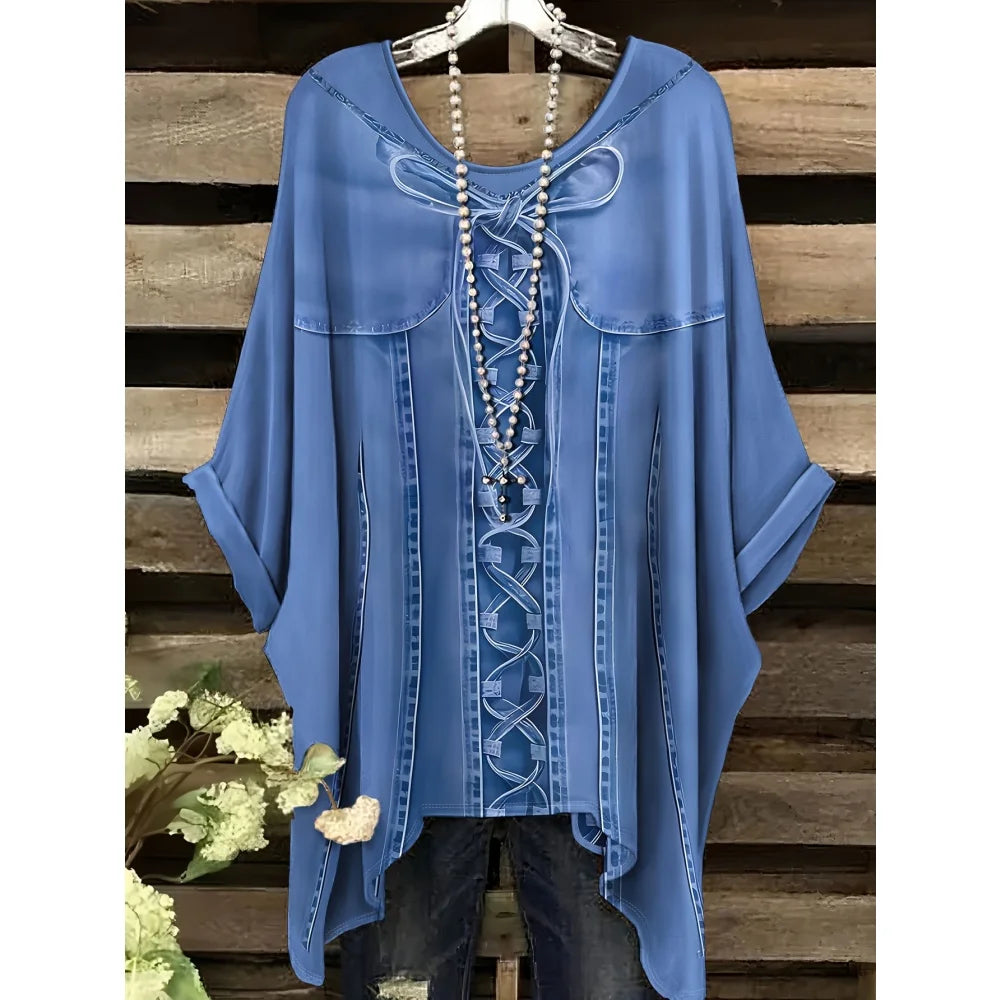 T-Shirts Women Fashion Fake Denim Print Elegant Splicing Graphic O-Neck Medium Stretch Four Seasons Short Sleeve Woman Clothes