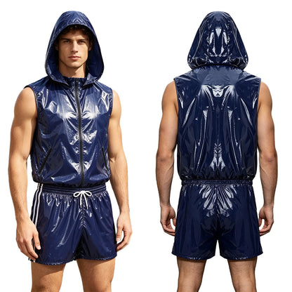 Mens Waterproof Sportwear Tracksuit Front Zipper Sleeveless Hooded Vest with Shorts Built-in Briefs for Gyms Fitness Workout