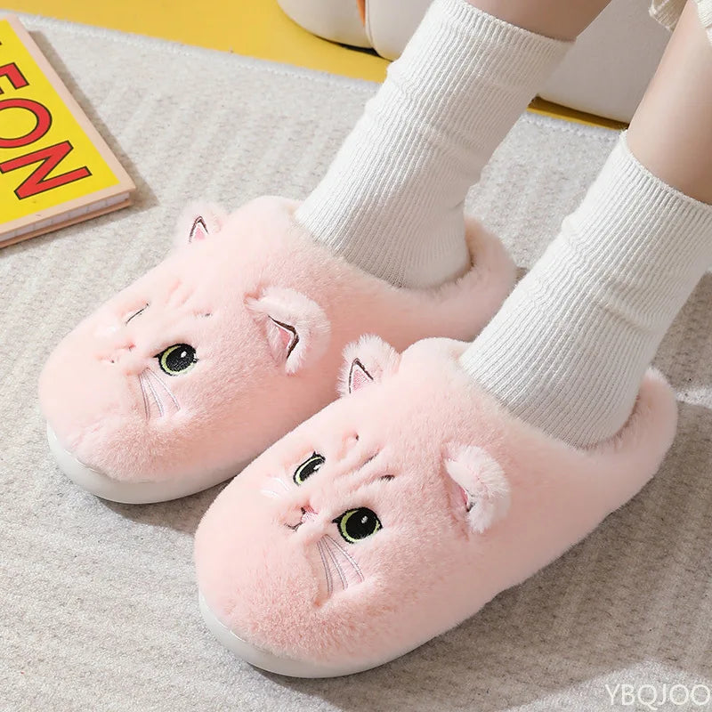 New Autumn Winter Cotton Slippers Men and Women Couple Cartoon Kitten Indoor Plush Flat Bottom Home Warmth Women&