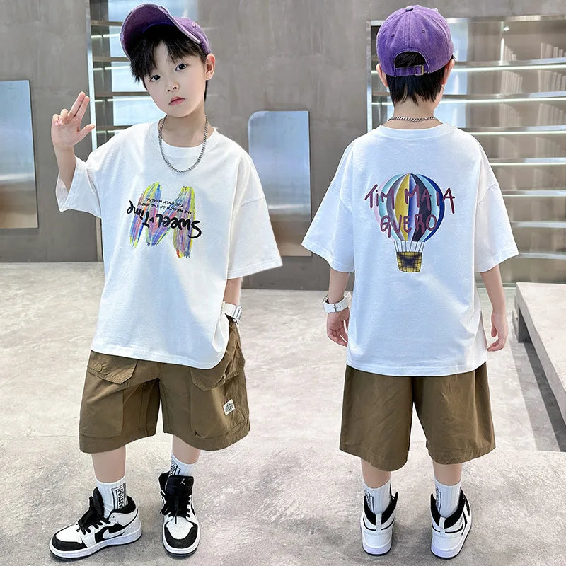 Summer Boys Clothing Set Fashion Short Sleeve Letter T-shirt Shorts 2Pcs For 4-12 Years Kids Tracksuits Teenager Casual Outfits