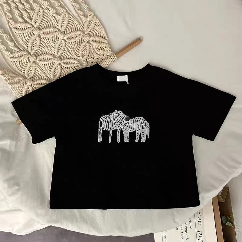 Animal Pattern Baby Boys Girls Short Sleeve Tops Kids Tees Summer Clothing Loose Fashion Trendy Children&