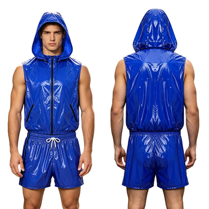 Mens Waterproof Sportwear Tracksuit Front Zipper Sleeveless Hooded Vest with Shorts Built-in Briefs for Gyms Fitness Workout
