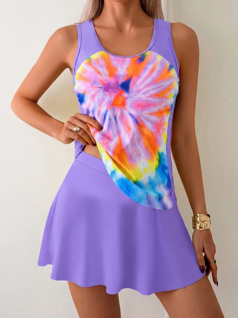 Sleeveless Tankini Top Swimwear Woman Tankini Yellow Floral Print Skirted Bottom Swim Tank Bright Color Two Piece Swimsuit