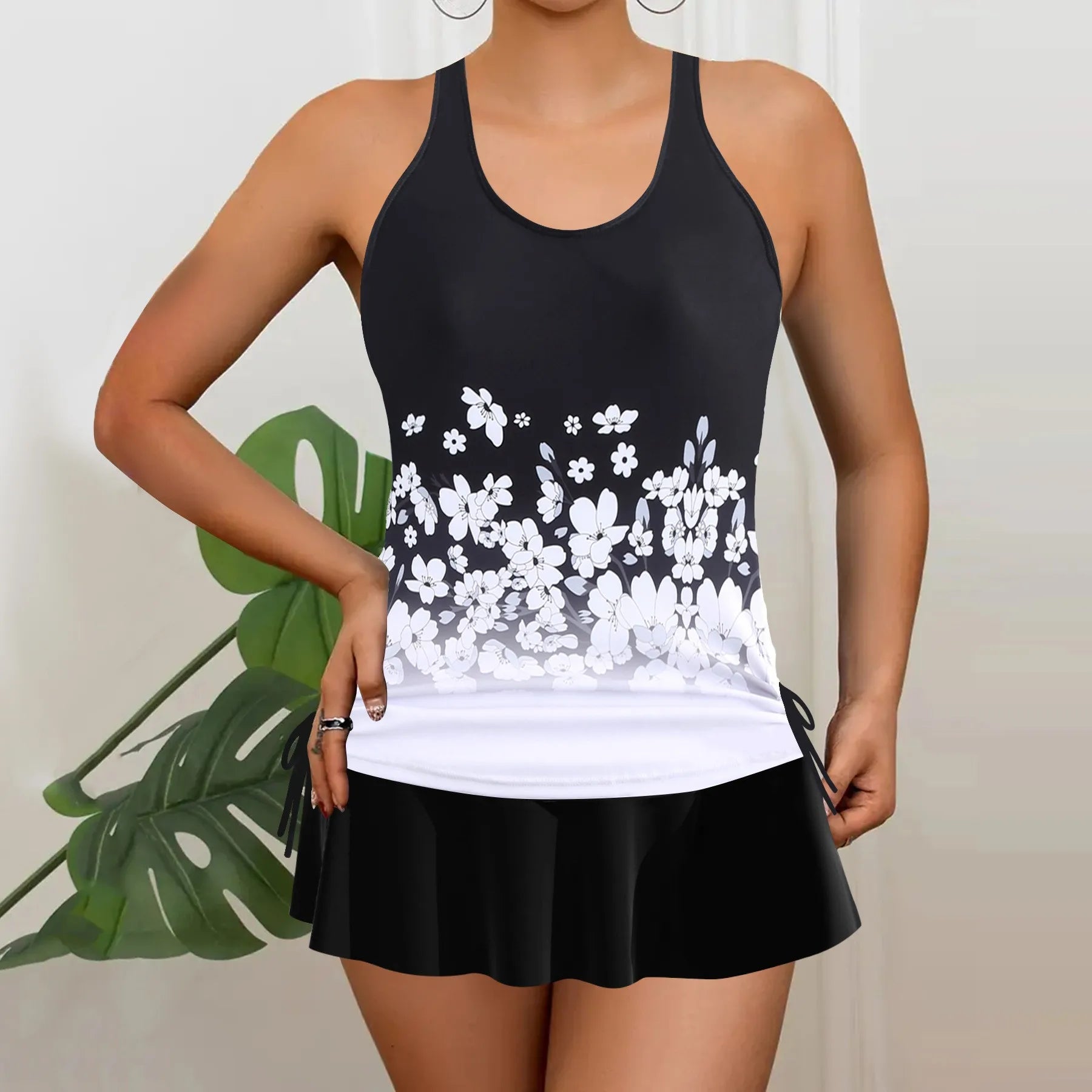 Tankini Woman Bikini Sleeveless Tank Top Skirted Bottom Bikinis Floral Print Swimsuit Pleated Skirt Two Piece Swimsuit Swimwear