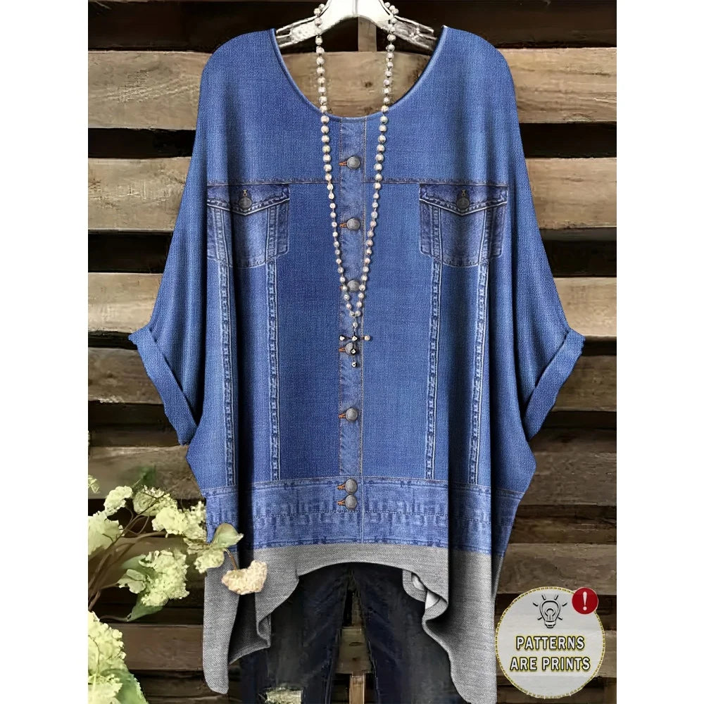 T-Shirts Women Fashion Fake Denim Print Elegant Splicing Graphic O-Neck Medium Stretch Four Seasons Short Sleeve Woman Clothes