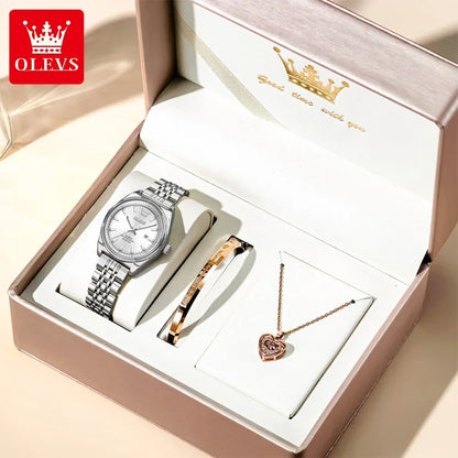 OLEVS New 3703 Watches Woman Elegant Quartz Watch Waterproof Luminous Stainless Steel Date Watches Woman Bracelet Gifts Box
