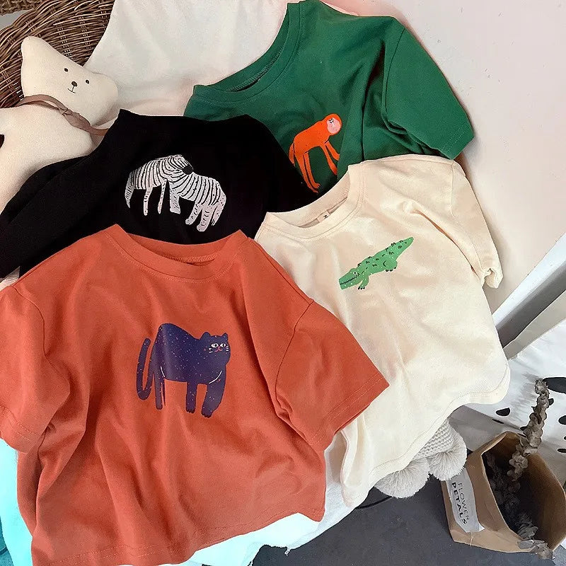 Animal Pattern Baby Boys Girls Short Sleeve Tops Kids Tees Summer Clothing Loose Fashion Trendy Children&
