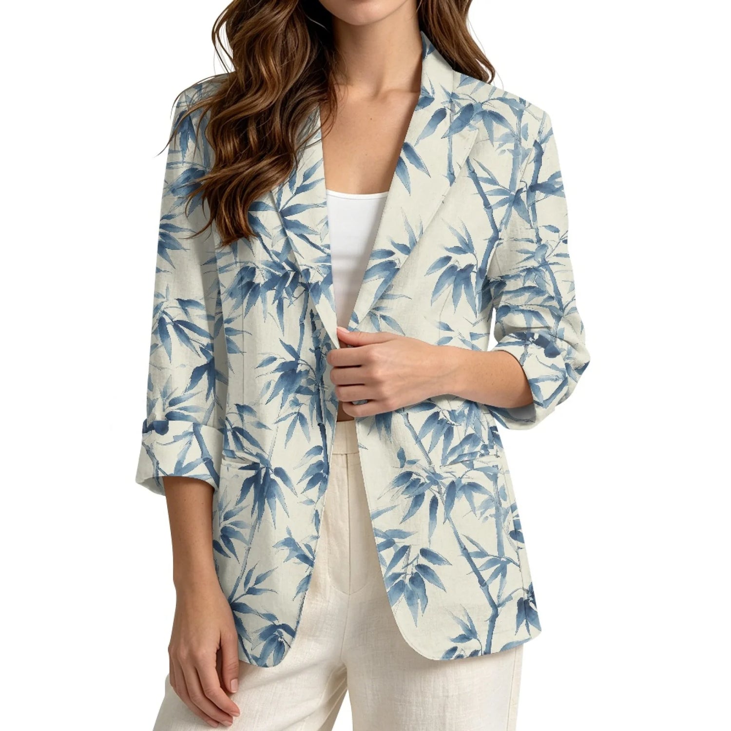 PENSTROLL Blue Leaf Print Loose Fit Open Front Top for Daily Wear Linen Style Jackets Sizes S-3XL