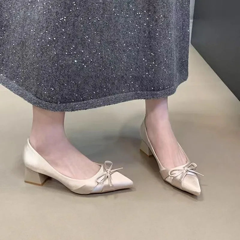 Retro Mid-length Single Shoes Spring and Summer New Fashion Belt Buckle Pointed Toe Comfortable Shallow Toe Bow Tie Casual Shoe