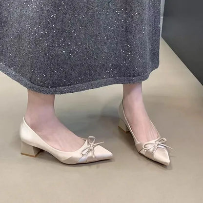 Retro Mid-length Single Shoes Spring and Summer New Fashion Belt Buckle Pointed Toe Comfortable Shallow Toe Bow Tie Casual Shoe