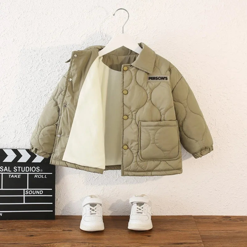 Autumn Kids Cotton Jacket Winter Boys Solid Color Thick Plus Velvet Warm Coat For 3-10 Years Teen Children Outerwear Clothing ﻿