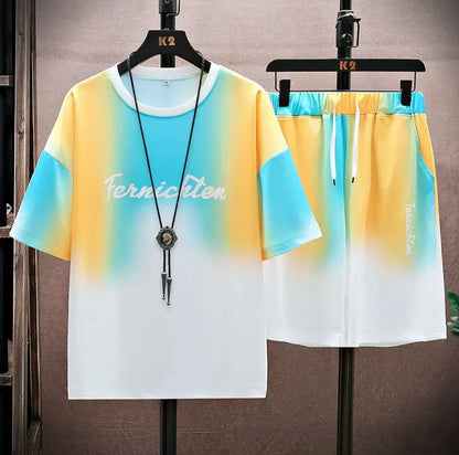 New hot-selling summer couple ice silk set, loose Korean-style casual unisex sports T-shirt and shorts, fashionable quick-dry