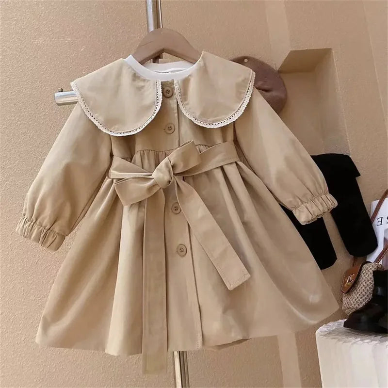 Girls Trench Coats Kids Fashion Waisted Jackets Children Turndown Collar Baby Long Sleeve Windbreaker  Outerwear Clothing 2-8Y