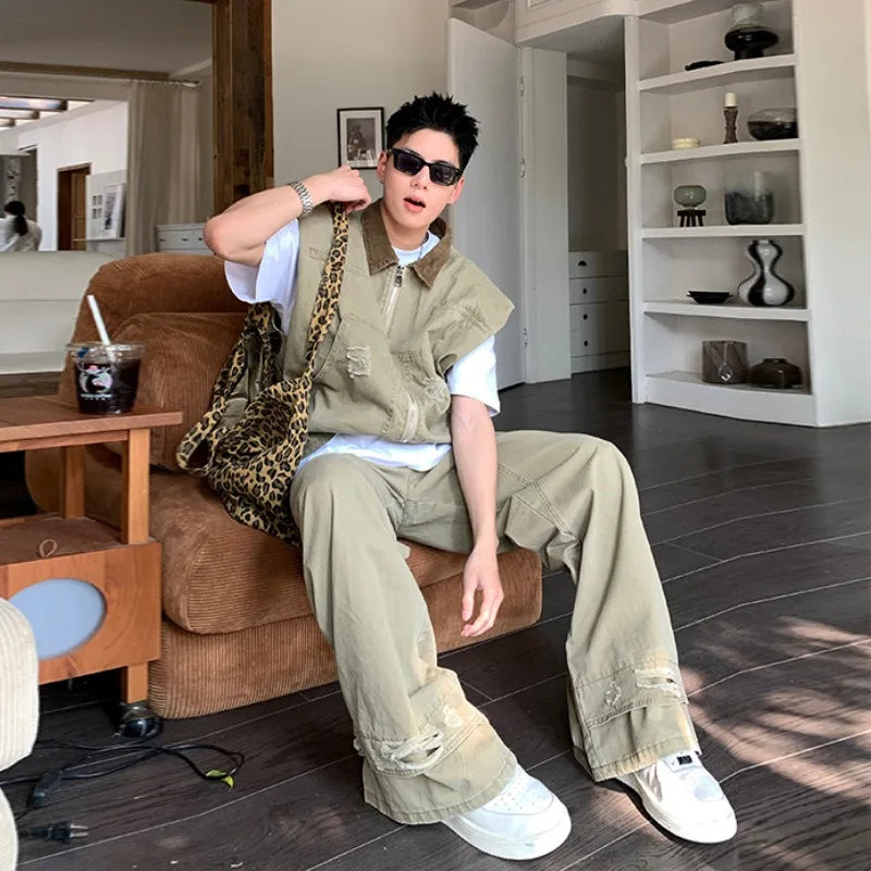 American Fashion Brand Retro Denim Jacket Men Summer New Silhouette Design Shoulder Vest Loose Pants Set Fashionable and Casual