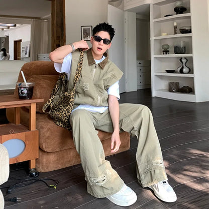 American Fashion Brand Retro Denim Jacket Men Summer New Silhouette Design Shoulder Vest Loose Pants Set Fashionable and Casual
