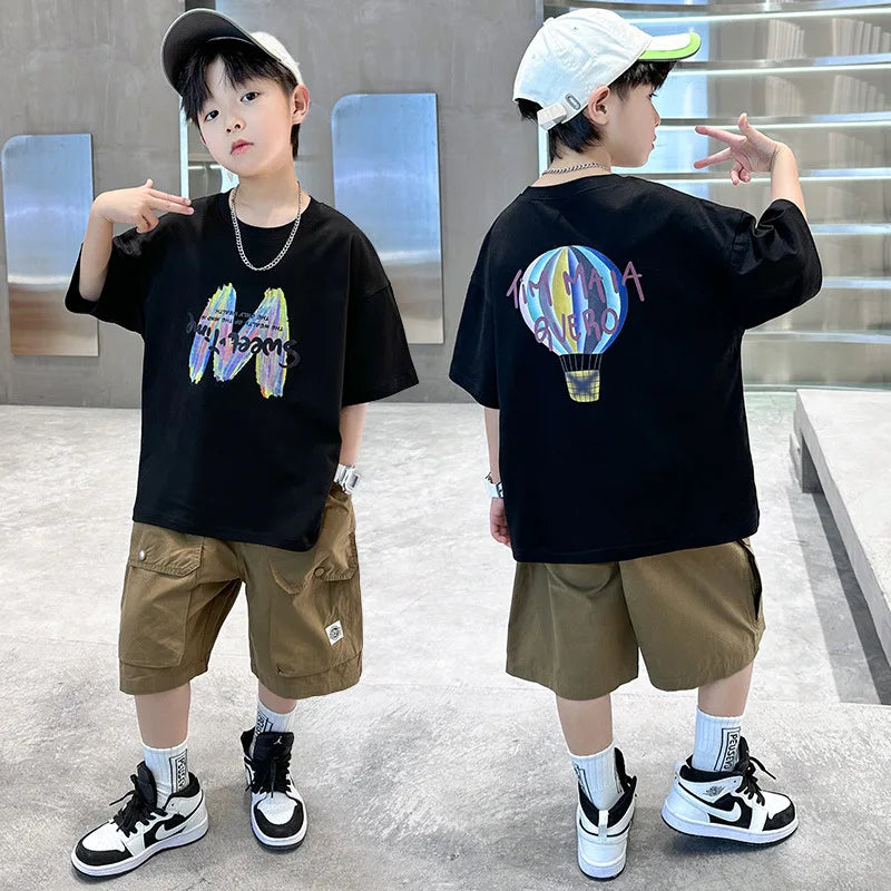 Summer Boys Clothing Set Fashion Short Sleeve Letter T-shirt Shorts 2Pcs For 4-12 Years Kids Tracksuits Teenager Casual Outfits