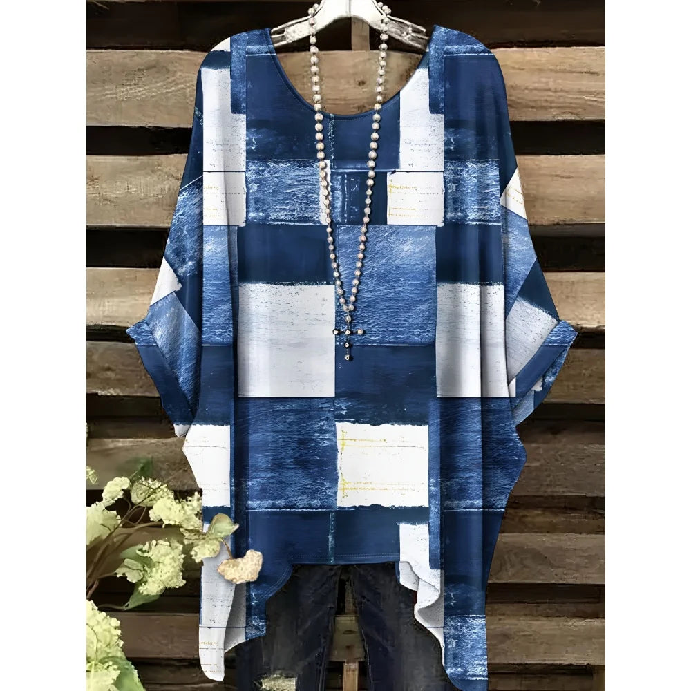 T-Shirts Women Fashion Fake Denim Print Elegant Splicing Graphic O-Neck Medium Stretch Four Seasons Short Sleeve Woman Clothes