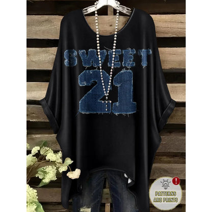 T-Shirts Women Fashion Fake Denim Print Elegant Splicing Graphic O-Neck Medium Stretch Four Seasons Short Sleeve Woman Clothes