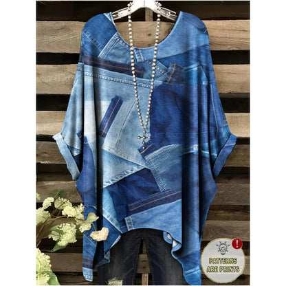 T-Shirts Women Fashion Fake Denim Print Elegant Splicing Graphic O-Neck Medium Stretch Four Seasons Short Sleeve Woman Clothes