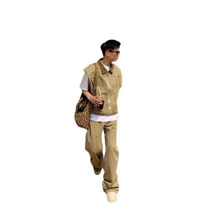 American Fashion Brand Retro Denim Jacket Men Summer New Silhouette Design Shoulder Vest Loose Pants Set Fashionable and Casual