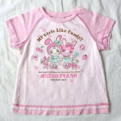 Sweet Kawaii Cartoon Bunny T Shirt Mini Skirt Two Piece Outfit Y2K Girls Raglan Short Sleeve Casual Street Daily Holiday Wear