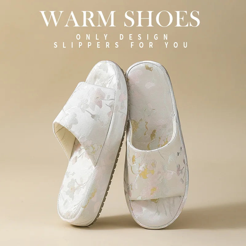 2026 Chinese Style Indoor Platform Slippers For Women Houuse Silk Shoes Flower Print Thick Sole Girls Daily Home Floor Slides