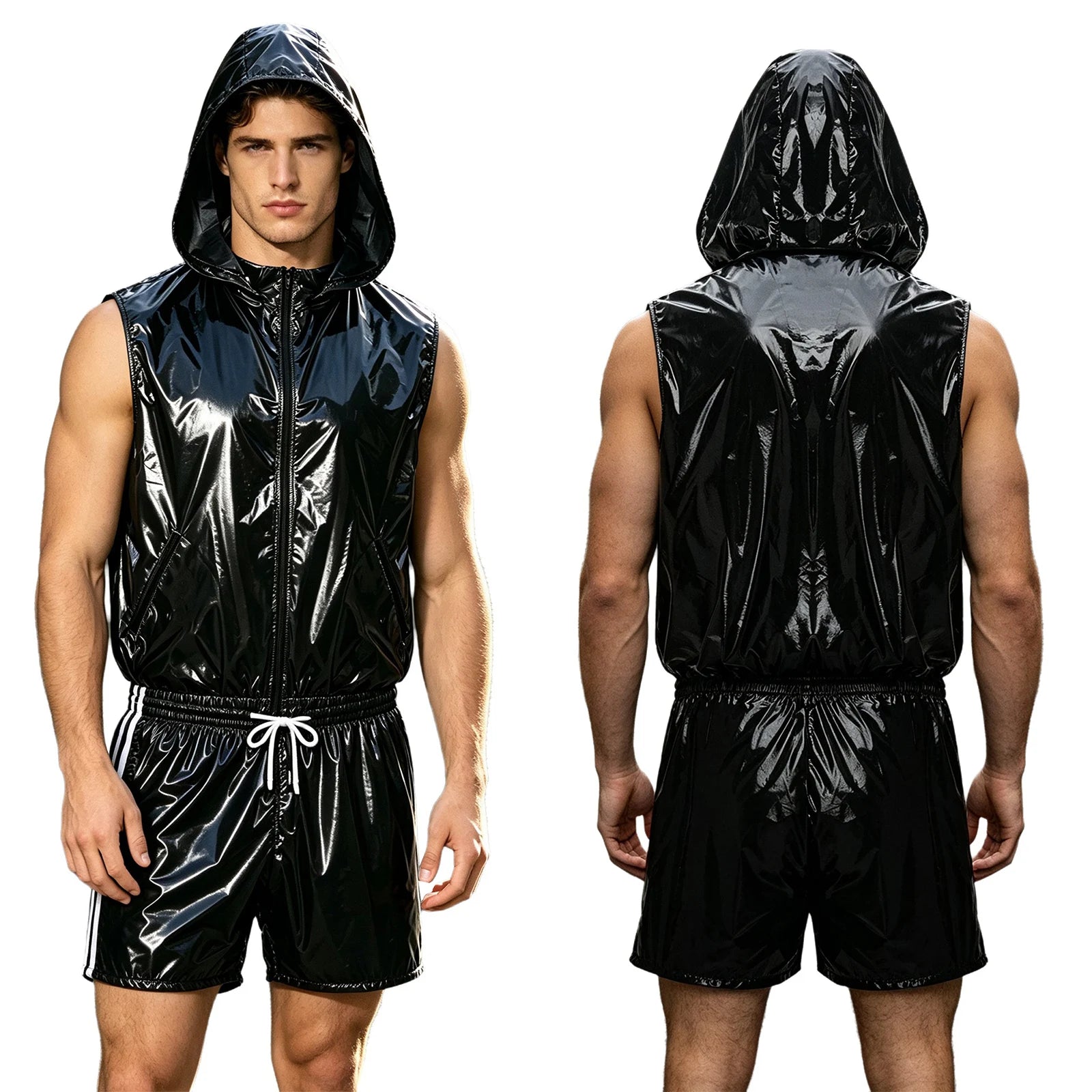 Mens Waterproof Sportwear Tracksuit Front Zipper Sleeveless Hooded Vest with Shorts Built-in Briefs for Gyms Fitness Workout