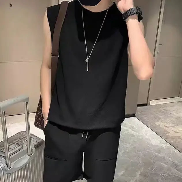 Men Patch Pocket Sleeveless Tank Top Loose Ice Silk Shorts Set Trendy Casual Summer Two Piece Outfit