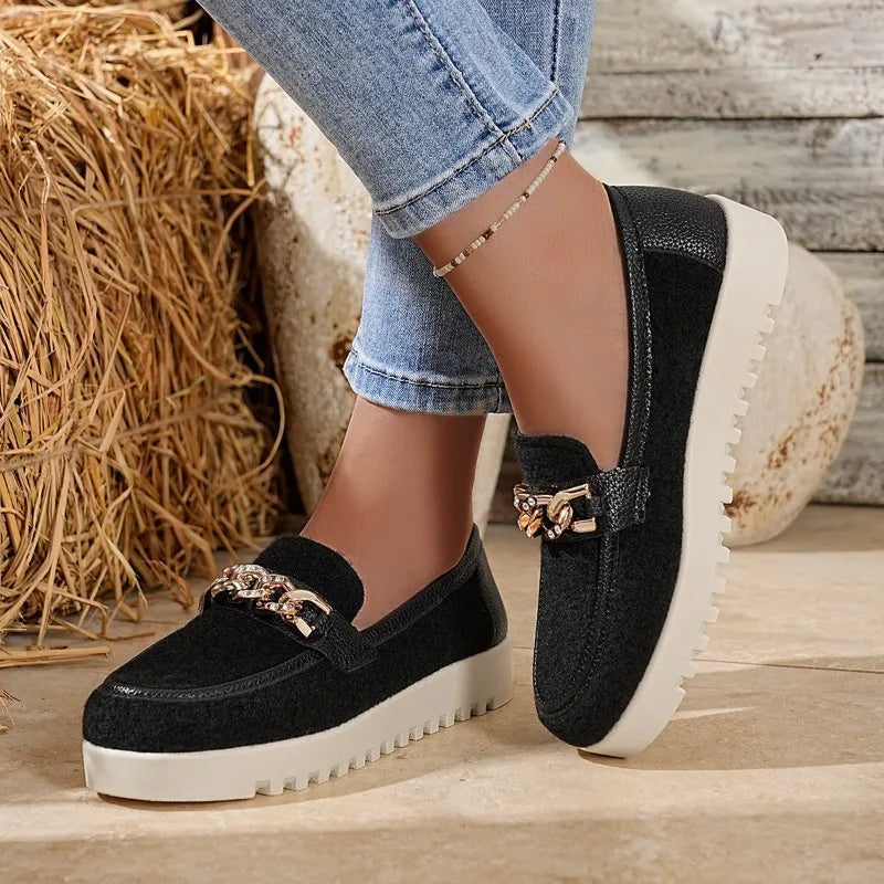 2025 New Spring Autumn Women Loafers Round Toe Shoes Sheep Suede Shoes for Women Retro Metal Buckle Platform Women Shoes