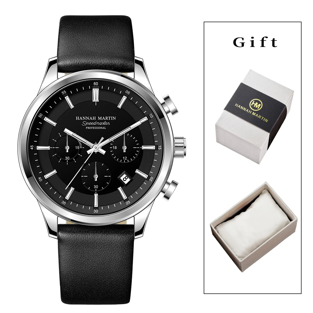 Hannah Martin Men Gift Box Men Watch Black Leather 41mm Business Multifunctional Timing Clock Quartz Movement Sports Men Watches